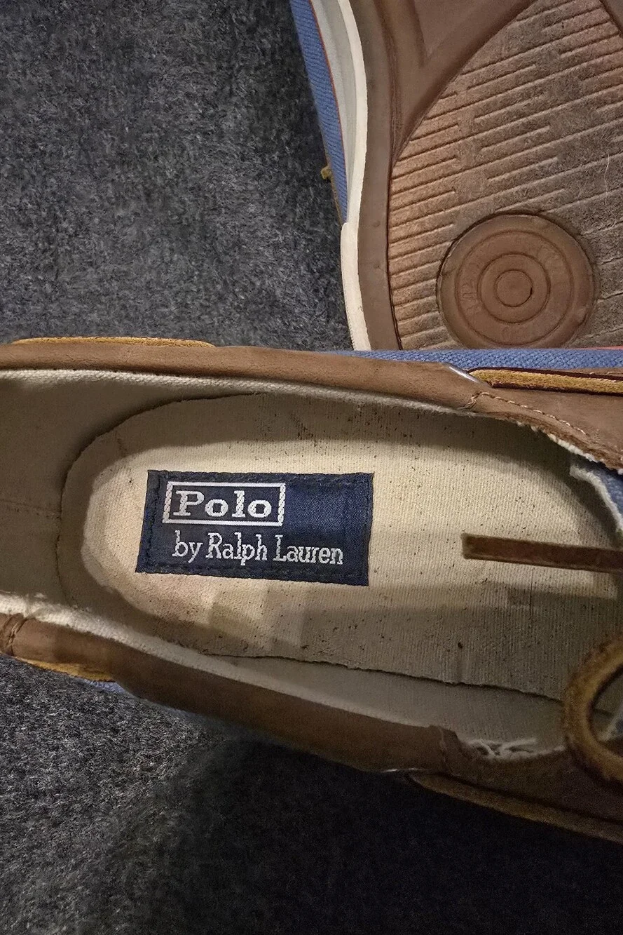 Polo by Ralph Lauren Blue Canvas and Brown Leather Trim Boat Shoes Size 10